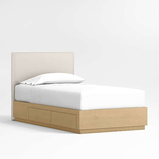 Noa Cream Upholstered Flange Kids Bed with Natural Wood Storage Base