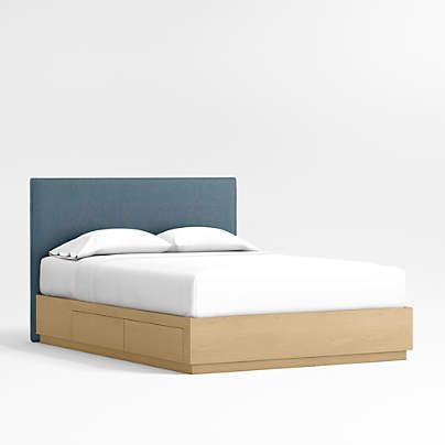 Noa Denim Blue Upholstered Flange Kids Full Bed with Natural Wood Storage Base