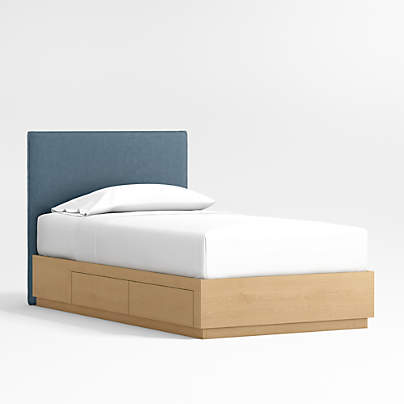 Noa Denim Blue Upholstered Flange Kids Twin Bed with Natural Wood Storage Base