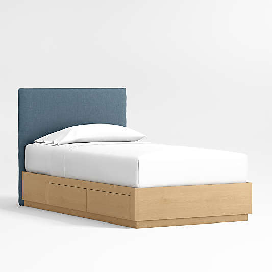 Noa Denim Blue Upholstered Flange Kids Bed with Natural Wood Storage Base
