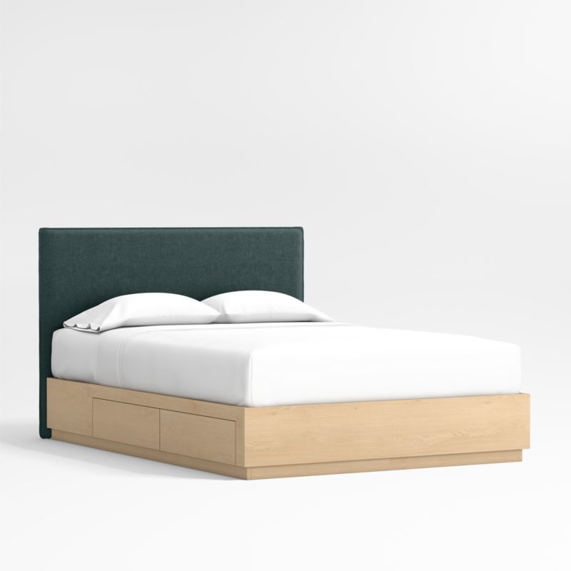 Noa Jungle Green Upholstered Flange Kids Full Bed with Natural Wood Storage Base - image 0 of 4