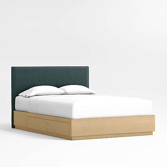 Noa Jungle Green Upholstered Flange Kids Full Bed with Natural Wood Storage Base