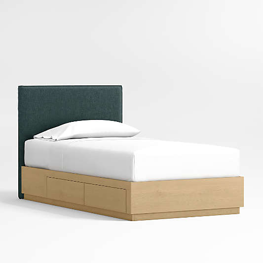 Noa Jungle Green Upholstered Flange Kids Bed with Natural Wood Storage Base