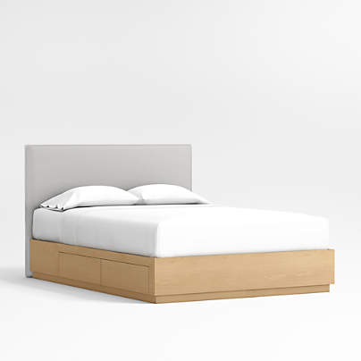 Noa Grey Upholstered Flange Kids Full Bed with Natural Wood Storage Base