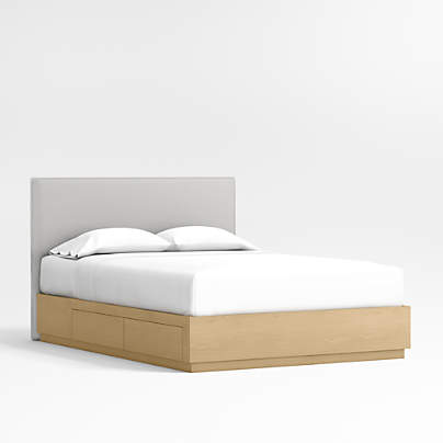 Noa Grey Upholstered Flange Kids Full Bed with Natural Wood Storage Base