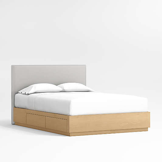 Noa Grey Upholstered Flange Kids Full Bed with Natural Wood Storage Base