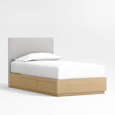 Noa Grey Upholstered Flange Kids Twin Bed with Natural Wood Storage Base