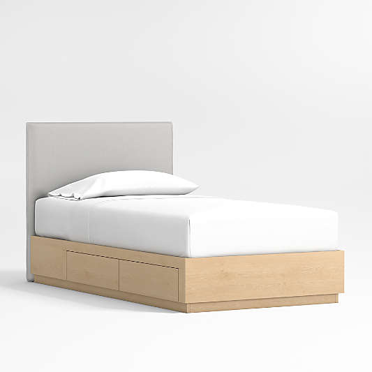 Noa Grey Upholstered Flange Kids Bed with Natural Wood Storage Base