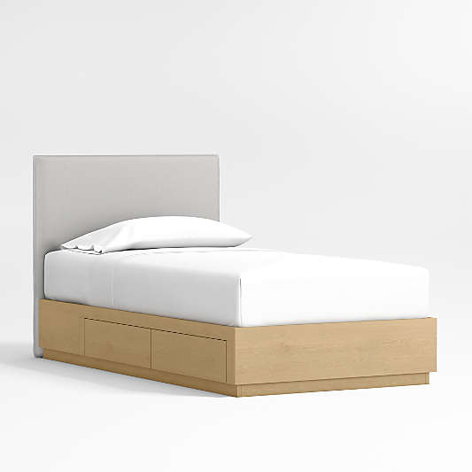 Noa Grey Upholstered Flange Kids Bed with Natural Wood Storage Base