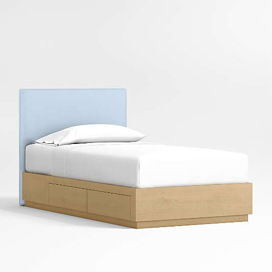 Noa Light Blue Upholstered Flange Kids Bed with Natural Wood Storage Base