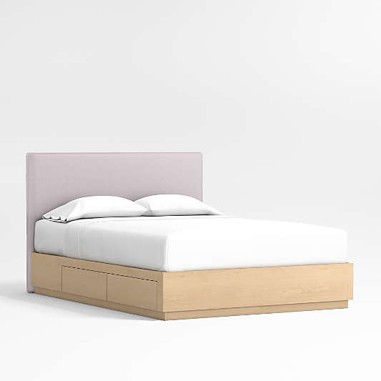 Noa Lilac Upholstered Flange Full Bed with Natural Wood Storage Base