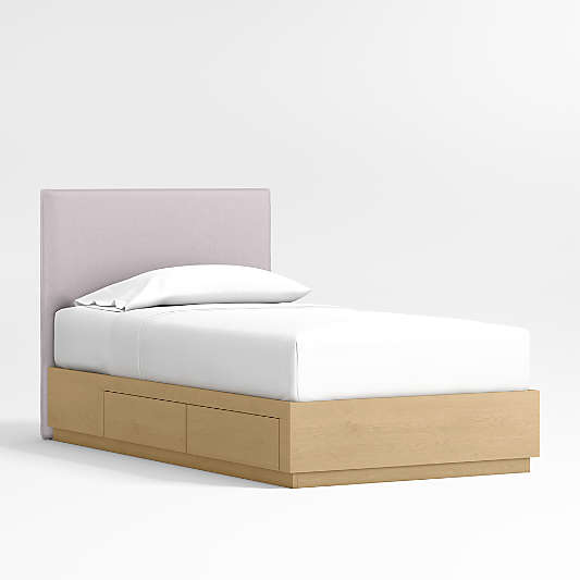Noa Lilac Upholstered Flange Twin Bed with Natural Wood Storage Base