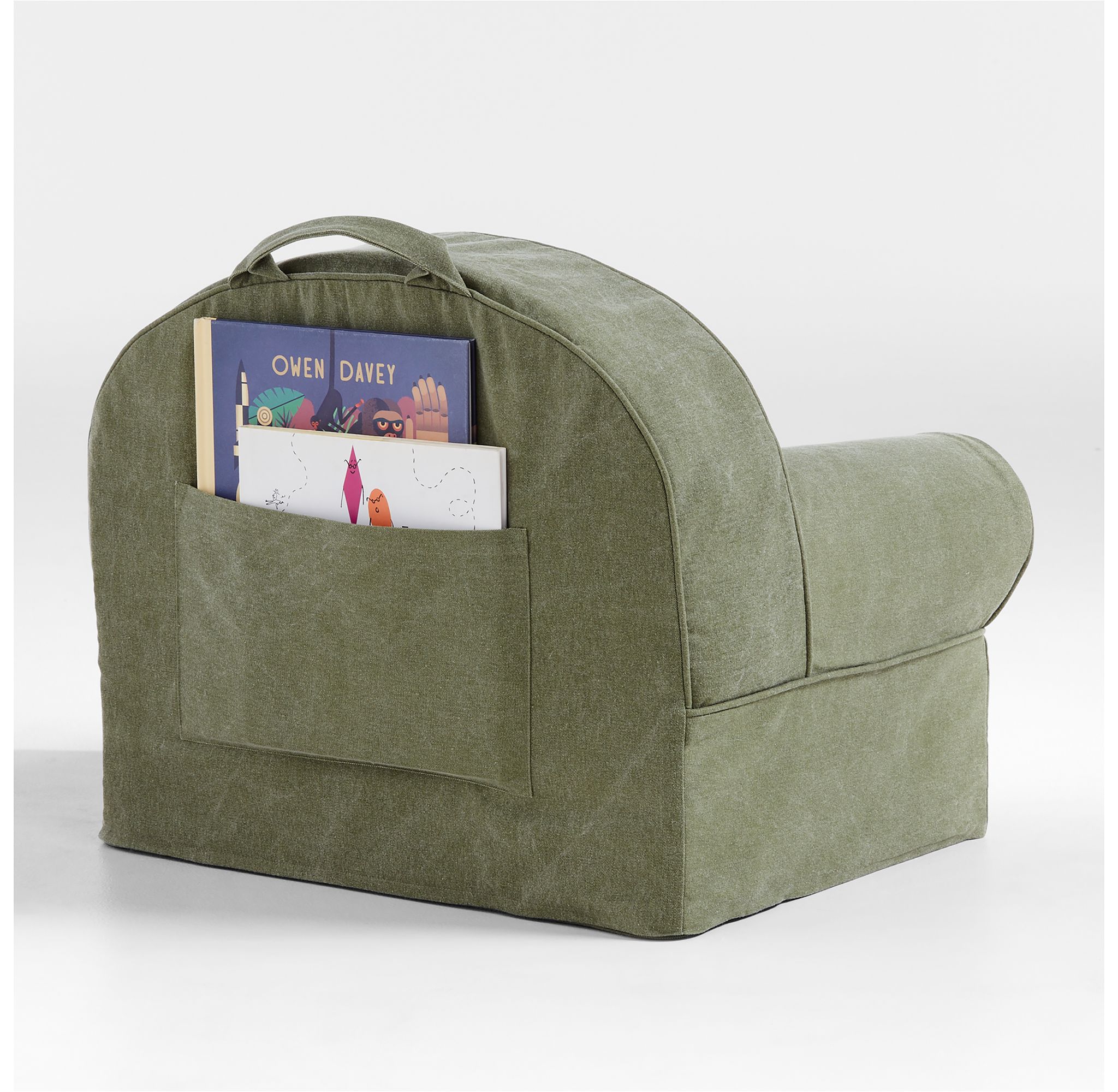 Olive green organic cotton storage bin with a handle