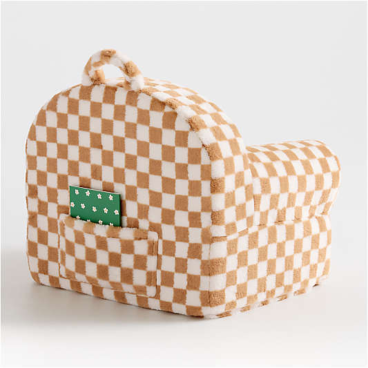 Large Sesame Brown and Cream Checkered Faux Fur Kids Lounge Nod Chair