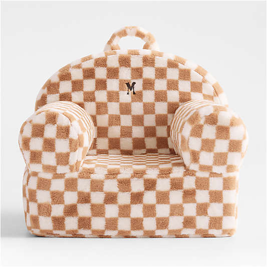 Large Sesame Brown and Cream Checkered Faux Fur Kids Lounge Nod Chair