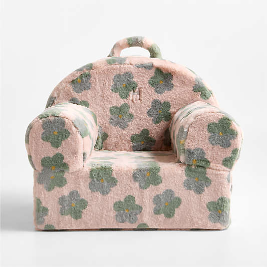 Large Iceberg Green and Pink Floral Faux Fur Kids Lounge Nod Chair
