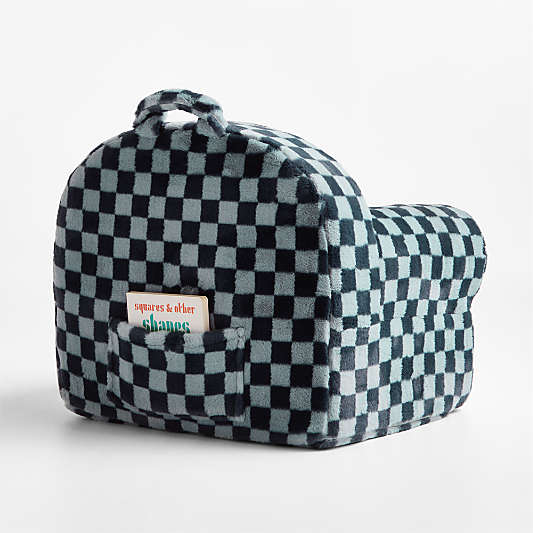 Large Navy and Light Blue Checkered Faux Fur Kids Lounge Nod Chair