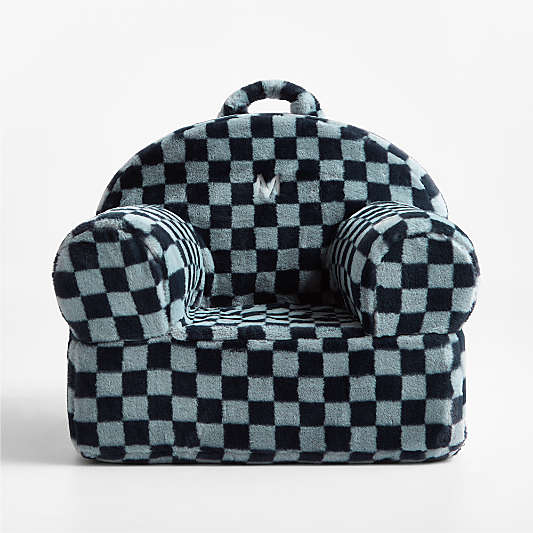 Large Navy and Light Blue Checkered Faux Fur Kids Lounge Nod Chair