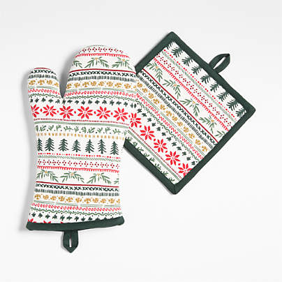 Nordic Fair Isle Organic Cotton Oven Mitt and Pot Holder Set