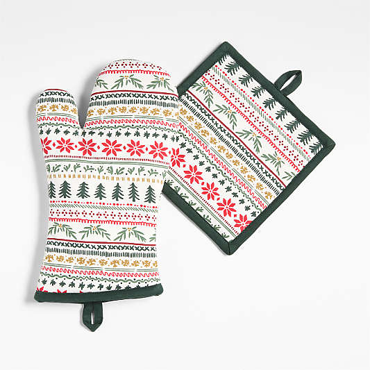 Nordic Fair Isle Organic Cotton Oven Mitt and Pot Holder Set