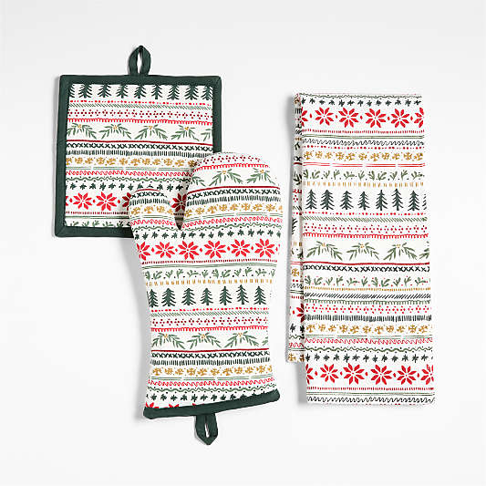 Nordic Fair Isle Organic Cotton Oven Mitt and Pot Holder Set