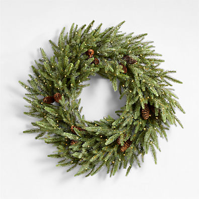 View Faux Frosted Pre-Lit LED Norway Spruce Wreath 30" details