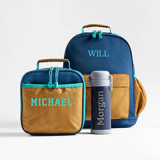 Navy Blue and Ochre Colorblock Kids Backpack Bundle