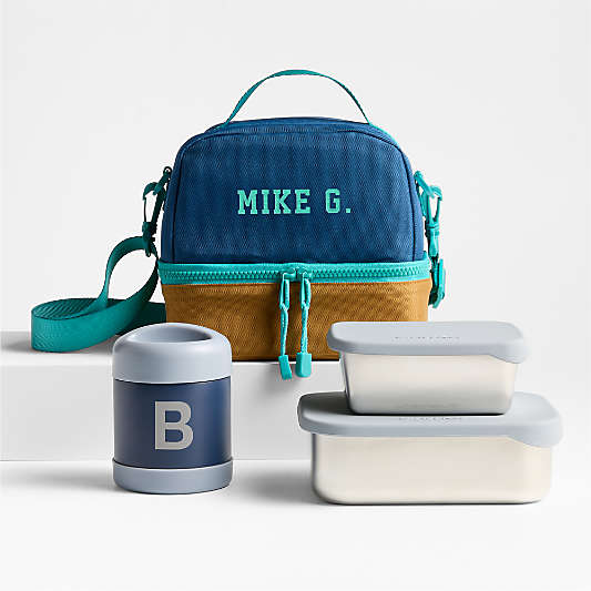 Navy Blue and Ochre Colorblock Kids Lunch Box Bundle