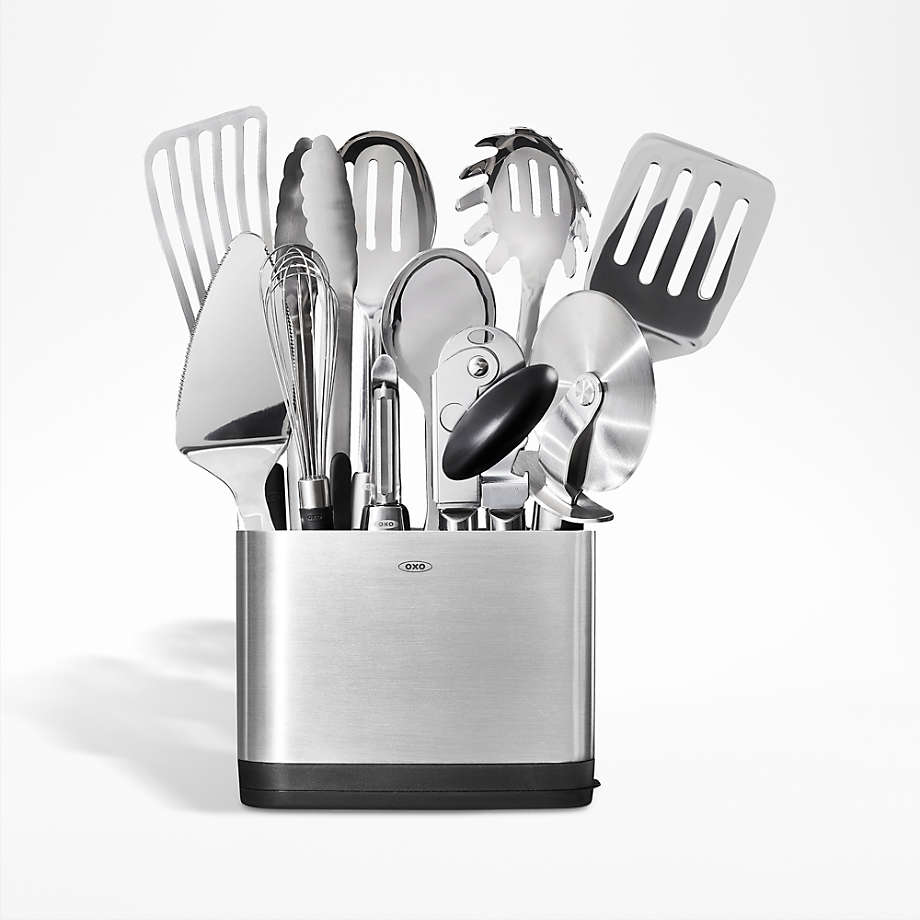 OXO SteeL 15 Piece Kitchen Utensils Set With Holder Reviews Crate   Oxo Steel 15pc Set 