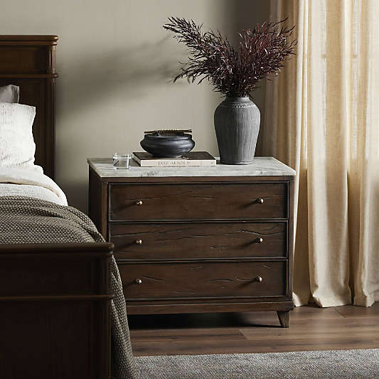 Odette 33" Warm Brown Wood and Marble Nightstand