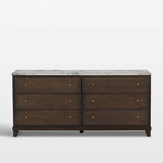 Odette 65" Warm Brown Wood and Marble 6-Drawer Dresser