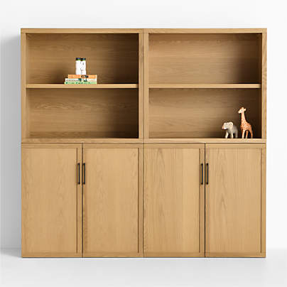 Oliver Set of 2 Modular Natural Oak Wood Kids Open Bookcases with Doors
