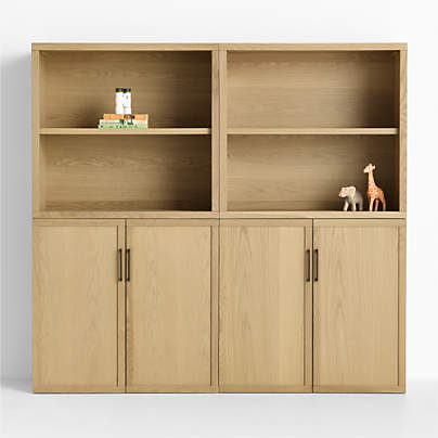 Oliver Set of 2 Modular Natural Oak Wood Kids Open Bookcases with Doors