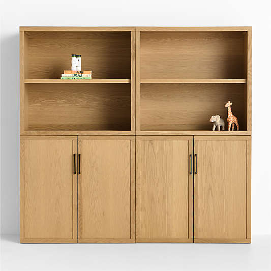 Oliver Set of 2 Modular Natural Oak Wood Kids Open Bookcases with Doors