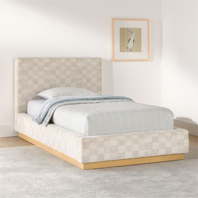 Oliver Cream and Grey Checkered Upholstered Kids Twin Bed - image 3 of 11