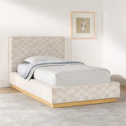 Oliver Cream and Grey Checkered Upholstered Kids Twin Bed
