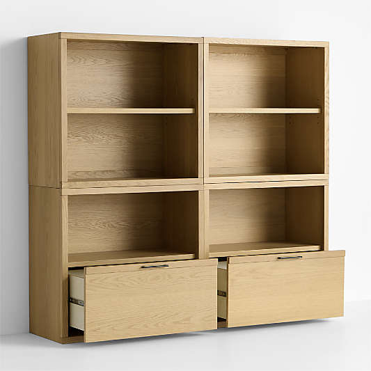 Oliver Set of 2 Modular Natural Oak Wood Kids Open Bookcases with Drawers