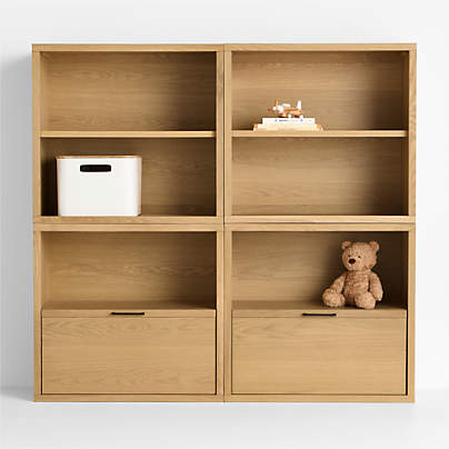 Oliver Set of 2 Modular Natural Oak Wood Kids Open Bookcases with Drawers
