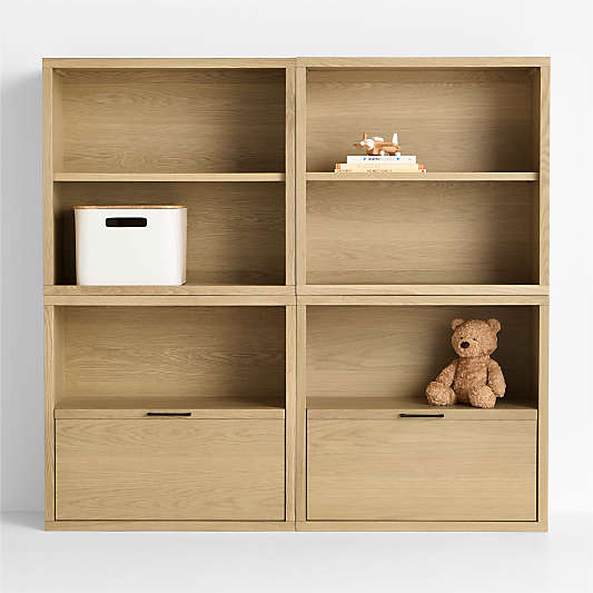 Oliver Set of 2 Modular Natural Oak Wood Kids Open Bookcases with Drawers