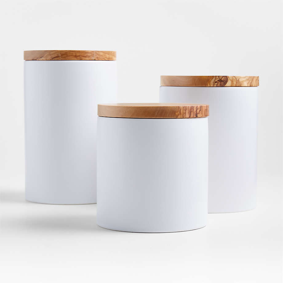 Olivewood and Matte Ceramic Canisters | Crate & Barrel