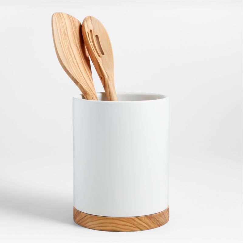 Olivewood and Matte Ceramic Utensil Holder + Reviews | Crate & Barrel