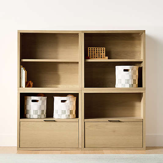 Oliver 64" Set of 2 Modular Natural Oak Wood Kids Open Bookcases with Drawers