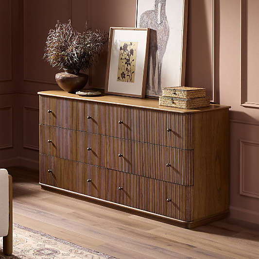Ona 73"  Fluted Amber Mindi Wood 6-Drawer Dresser