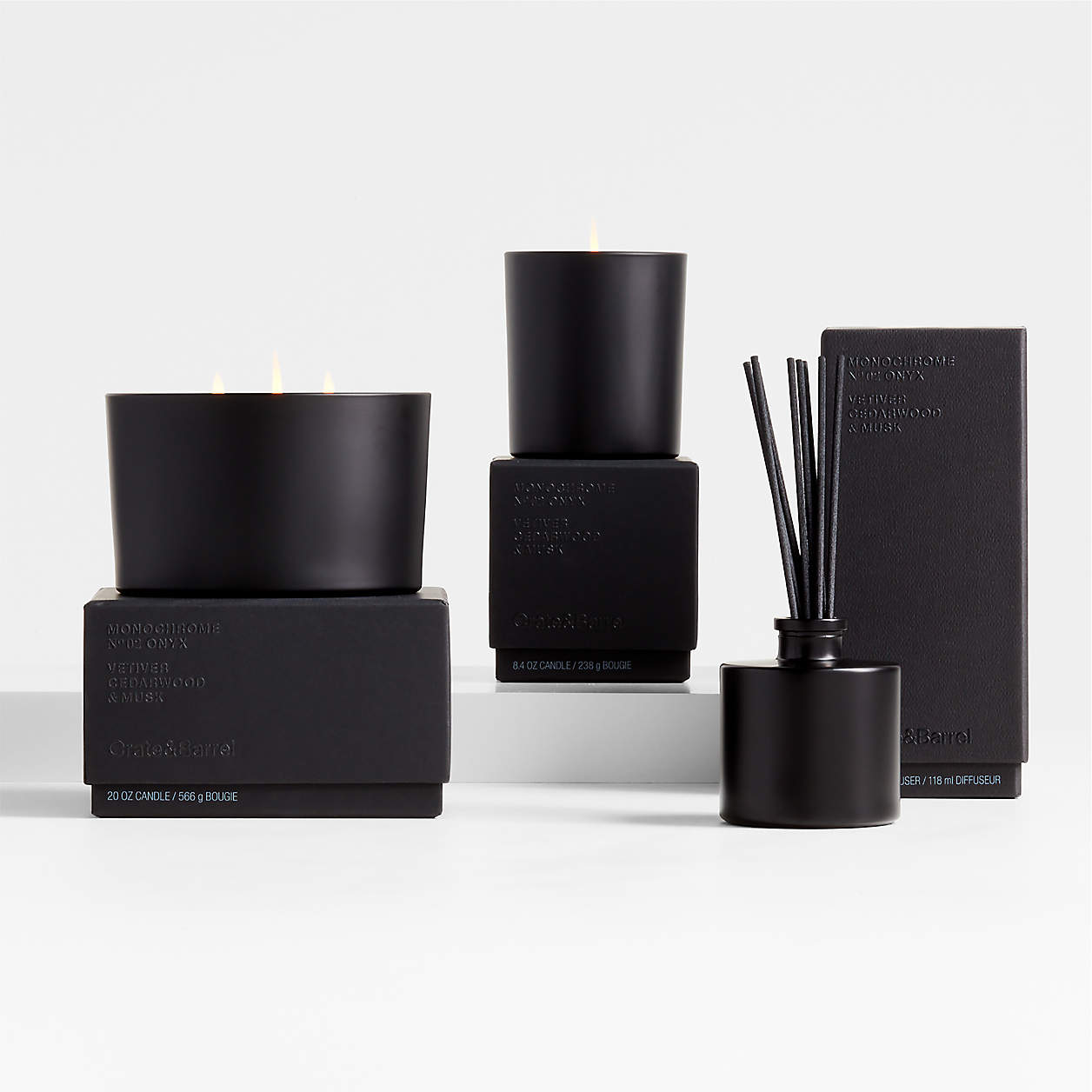 Monochrome No. 02 Onyx Scented Candles and Reed Diffuser Vetiver, Cedarwood and Musk Crate