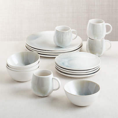 Set of 16 Stoneware Two Tone Grey White Reactive Salad Plate Cup Bowl Dinner Set