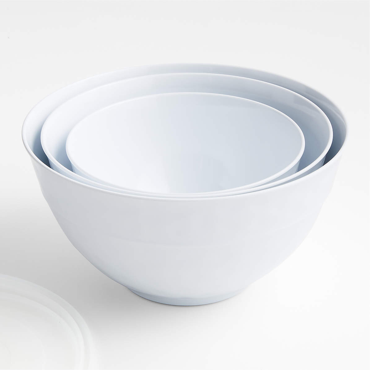 Orabel White Melamine Mixing Bowls with Lids, Set of 3 | Crate & Barrel