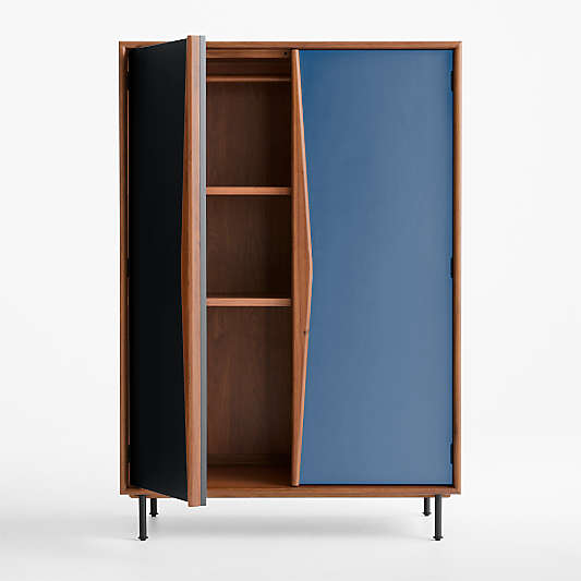 Oren 46" Blue and Natural Walnut Wood Kids Storage Armoire with Chalkboard