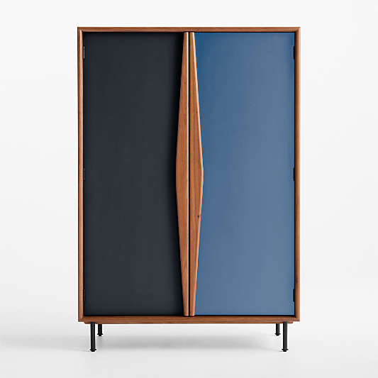 Oren Blue and Natural Walnut Wood Storage Armoire with Chalkboard