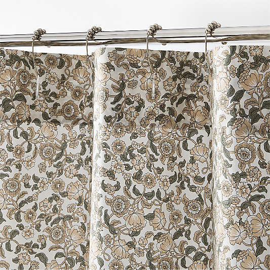 Organic Cotton Beige Floral Block Print Shower Curtain