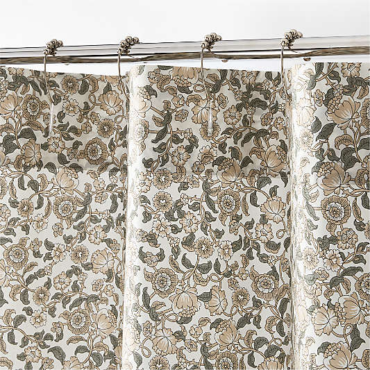 Organic Cotton Beige Floral Block Print Shower Curtain